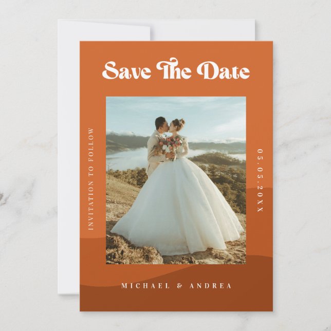 Boho Terracotta Waves & Retro Typography Wedding Save The Date (Front)