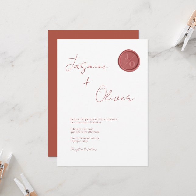 Boho terracotta wax seal monogram wedding invitation (Front/Back In Situ)