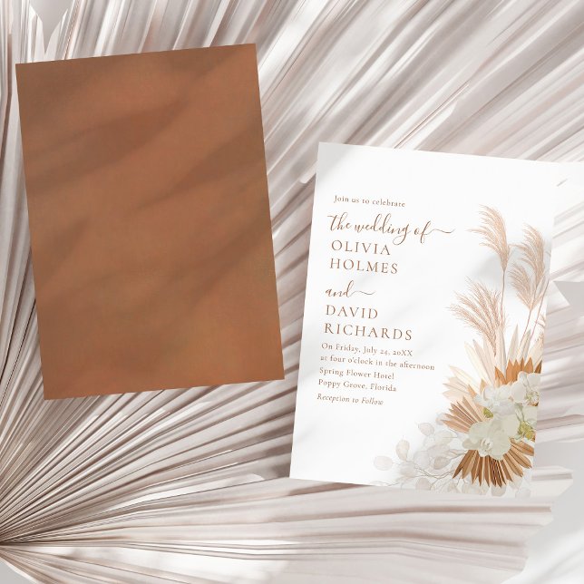 Boho Terracotta White Pampas Grass Orcids Wedding Invitation (Boho Terracotta White Pampas Grass Orcids Wedding Invitation on a sunny neutral dry palm leaf.)