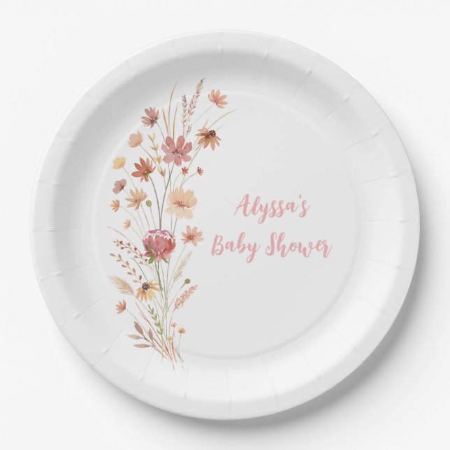 Boho Terracotta Wildflower Baby Shower Paper Plate (Front)