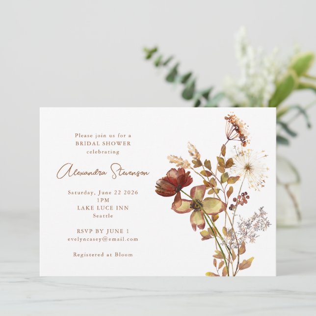 Boho Terracotta Wildflower Fall Rust Bridal Shower Invitation (Standing Front)