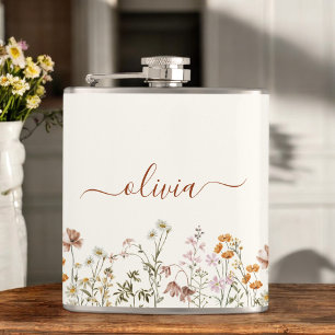 Boho Terracotta Wildflower Monogram Name Hip Flask