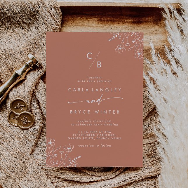 Boho Terracotta Wildflower Monogram Wedding Invitation (Creator Uploaded)
