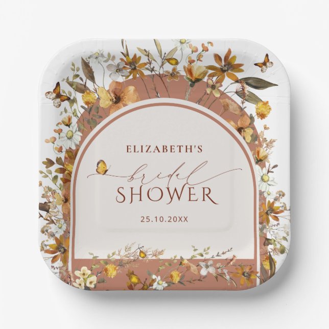 Boho Terracotta Wildflowers Arch Bridal Shower  Paper Plate (Front)