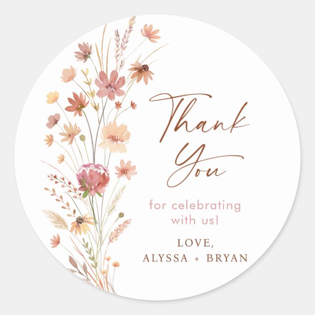 Boho Terracotta Wildflowers Baby Shower Classic Round Sticker (Front)