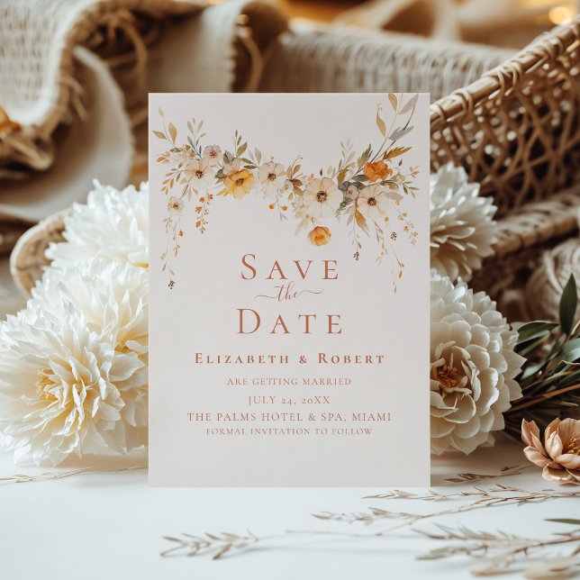 Boho Terracotta Wildflowers Save the Date Card (Boho Terracotta Wildflowers Save the Date Card on a sunny table with boho flower bouquet)