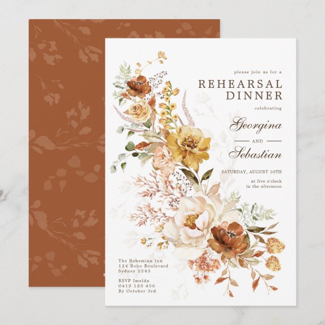 Boho Terracotta Yellow Flower Rehearsal Dinner Invitation (Front/Back)