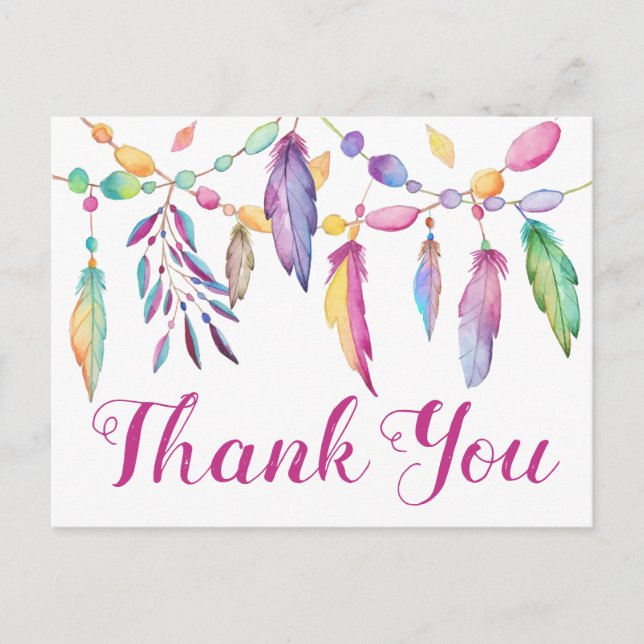 Boho Thank You Feathers Purple Pink Indian Wedding Postcard (Front)
