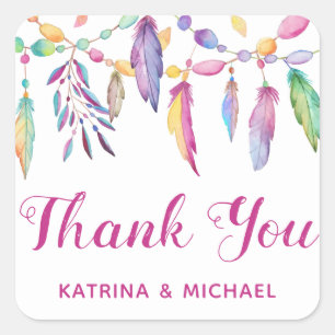 Boho Thank You Watercolor Feather Indian Southwest Square Sticker
