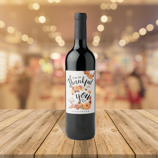 Boho Thanksgiving Autumn Thank Words And Pumpkins Wine Label (Creator Uploaded)