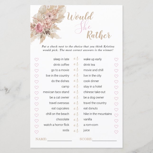 Boho Theme Bridal Shower Would She Rather Game (Front)