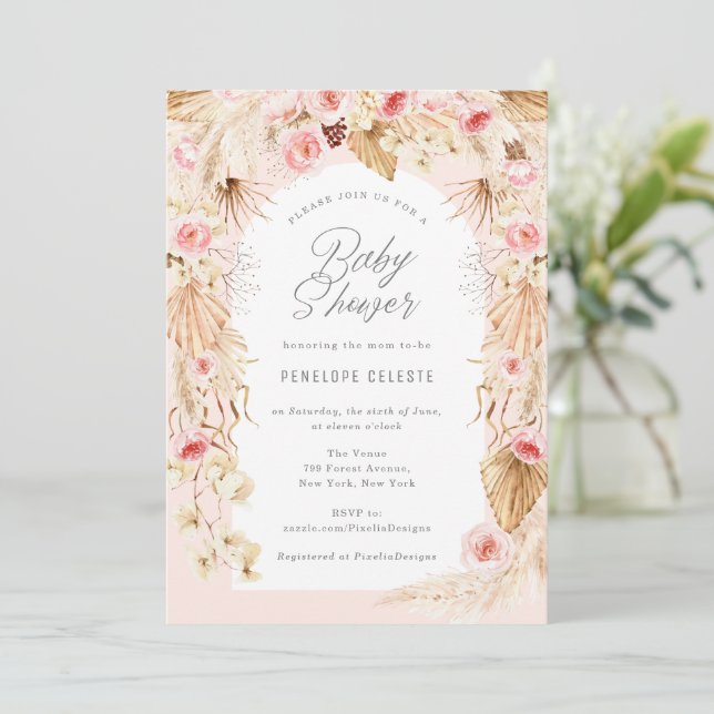 Boho themed baby girl shower with pink floral arch invitation (Standing Front)