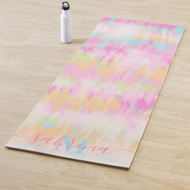 Boho tie dye rainbow watercolor girly monogrammed yoga mat (In Situ)
