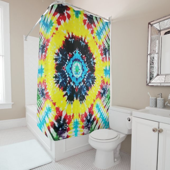 Boho Tie-dyed Folk Art Vibrant Rainbow Colours Shower Curtain (In Situ)