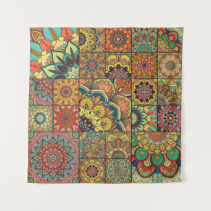 Boho tile set and seamless pattern. Colorful patch Tapestry
