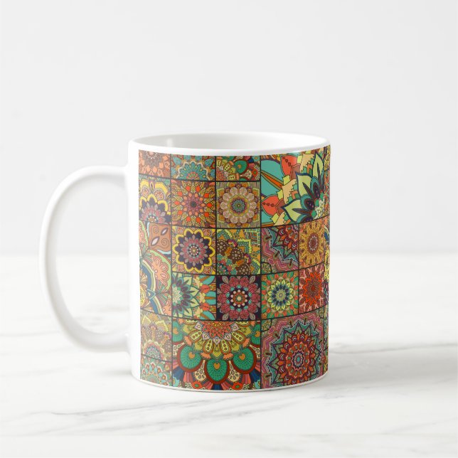 Boho tile set and seamless pattern. Colourful patc Coffee Mug (Left)