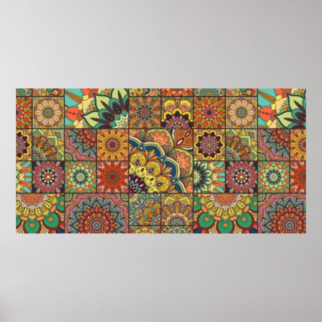 Boho tile set and seamless pattern. Colourful patc Poster (Front)
