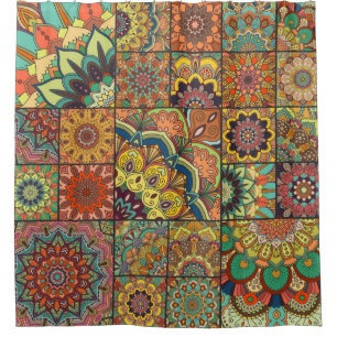 Boho tile set and seamless pattern. Colourful patc Shower Curtain