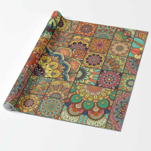 Boho tile set and seamless pattern. Colourful patc Wrapping Paper (Unrolled)