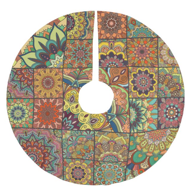 Boho tiles: colourful patchwork seamless pattern brushed polyester tree skirt (Front)