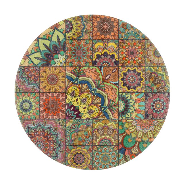 Boho tiles: colourful patchwork seamless pattern cutting board (Front)