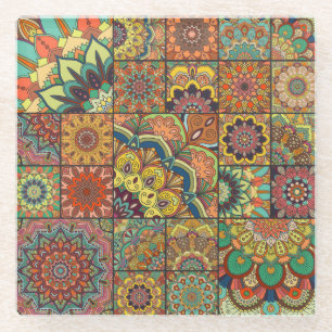 Boho tiles: colourful patchwork seamless pattern glass coaster