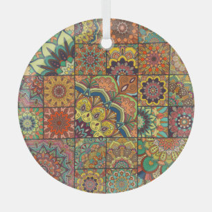 Boho tiles: colourful patchwork seamless pattern glass tree decoration