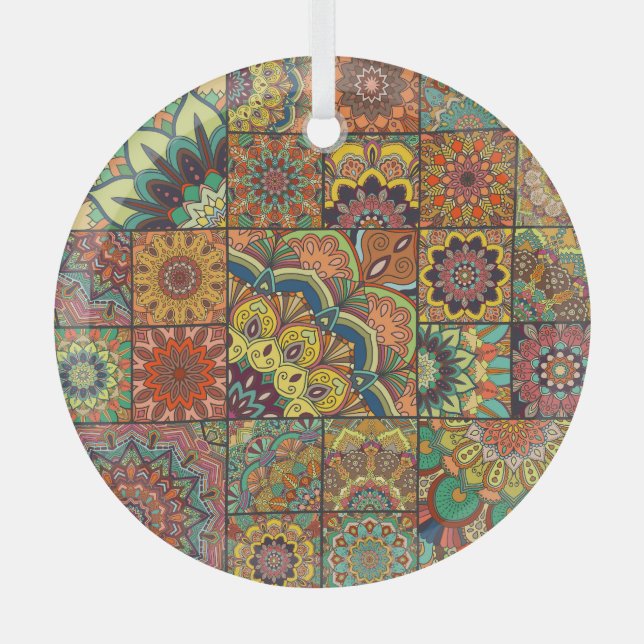 Boho tiles: colourful patchwork seamless pattern glass tree decoration (Front)