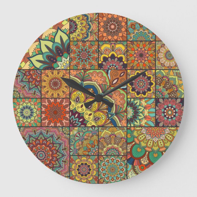 Boho tiles: colourful patchwork seamless pattern large clock (Front)
