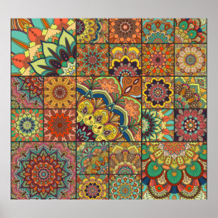 Boho tiles: colourful patchwork seamless pattern poster