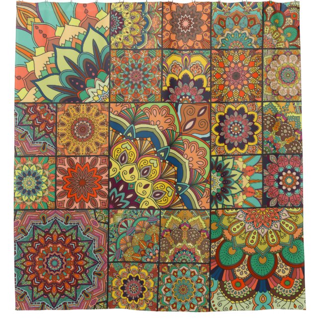 Boho tiles: colourful patchwork seamless pattern shower curtain (Front)