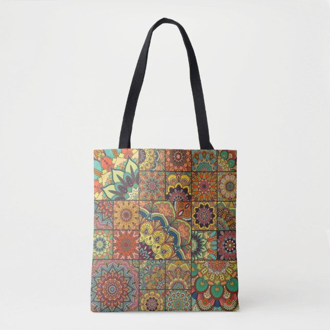 Boho tiles: colourful patchwork seamless pattern tote bag (Front)