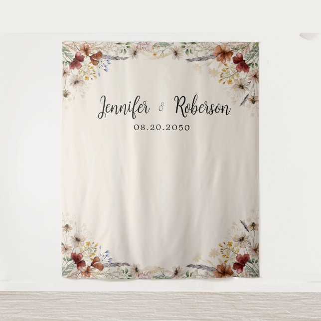 Boho Tiny Wildflower Wedding Backdrops Tapestry (Front)