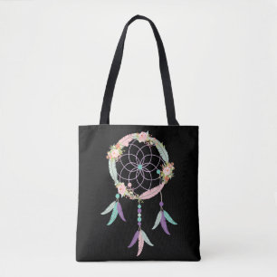 Boho Tote Bag in Black with Dream Catcher Image