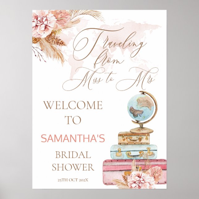 Boho Travelling Miss to Mrs Bridal Shower Welcome Poster (Front)