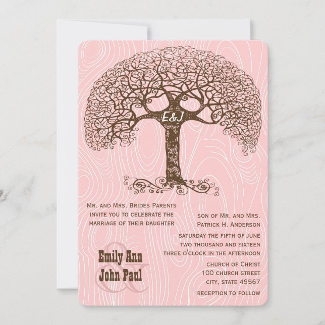 Boho Tree Crabapple Pink Wood grain Wedding Invite (Front)