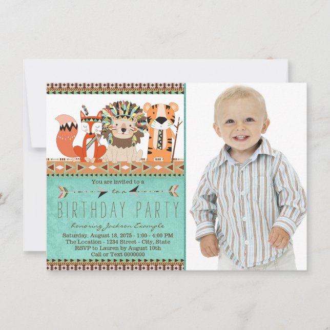 Boho Tribal Animal Birthday Party Invitation (Front)