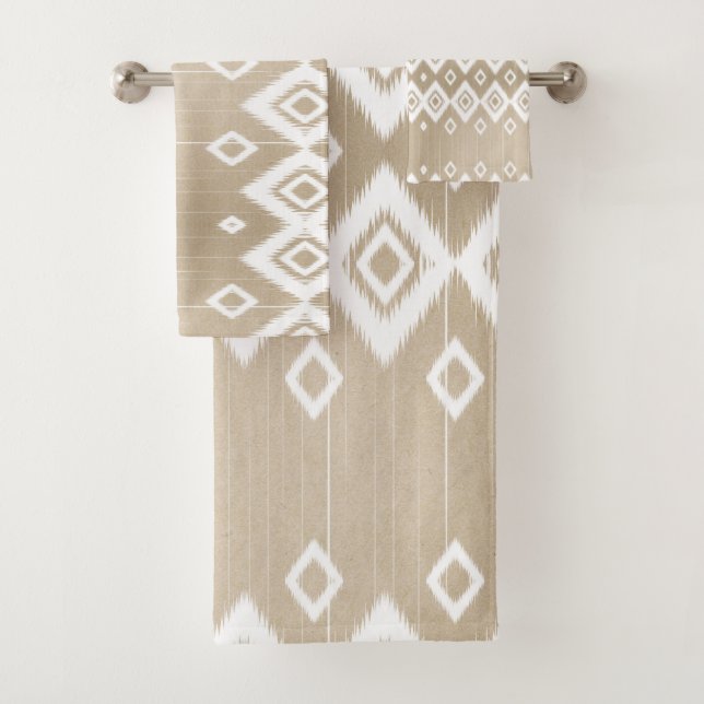 Boho Tribal Beige White Geometric  Bath Towel Set (Insitu)