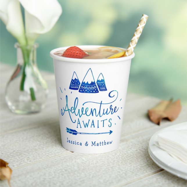 Boho Tribal Blue "Adventure Awaits" Baby Shower Paper Cups (Insitu)