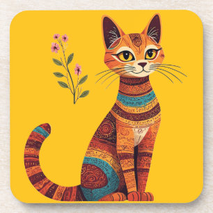 Boho Tribal Cat Cute Folk Art with Flowers Coaster
