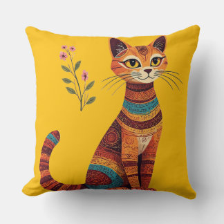 Boho Tribal Cat Cute Folk Art with Flowers Cushion