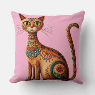 Boho Tribal Cat Cute Folk Art with Flowers Cushion