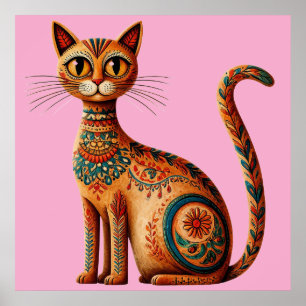 Boho Tribal Cat Cute Folk Art with Flowers Poster