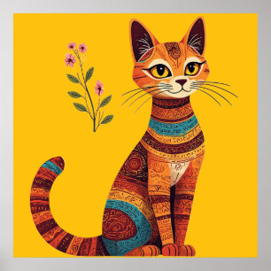 Boho Tribal Cat Cute Folk Art with Flowers Poster