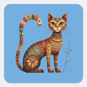 Boho Tribal Cat Cute Folk Art with Flowers Square Sticker