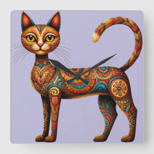Boho Tribal Cat Cute Folk Art with Flowers Square Wall Clock