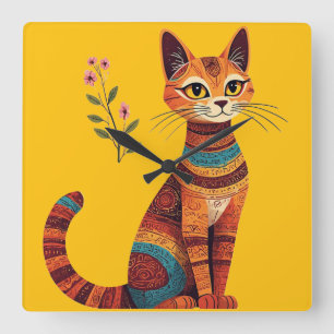 Boho Tribal Cat Cute Folk Art with Flowers Square Wall Clock