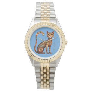 Boho Tribal Cat Cute Folk Art with Flowers Watch