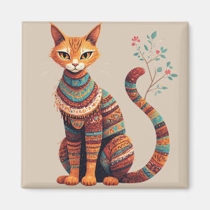 Boho Tribal Cat Illustration Cute Folk Art Design Magnet