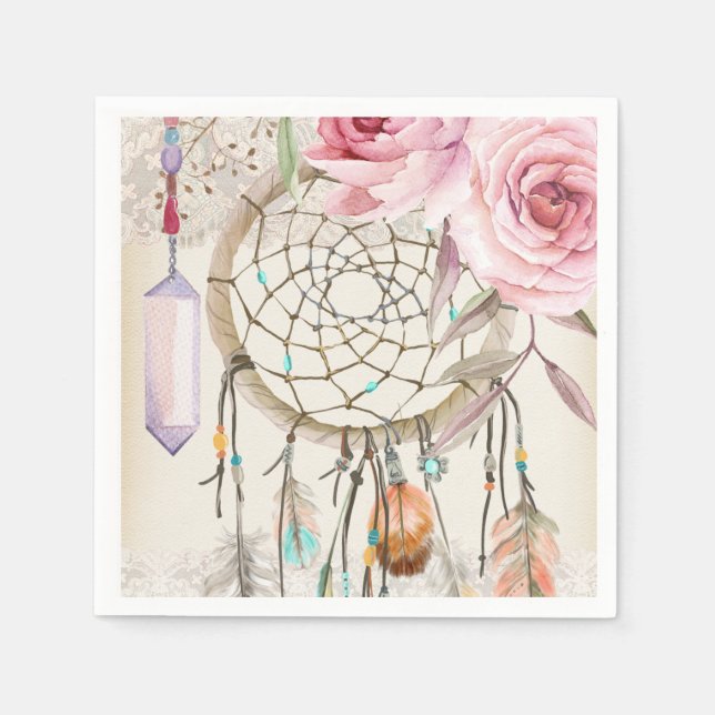 Boho Tribal Chic DreamCatcher & Roses Paper Napkin (Front)